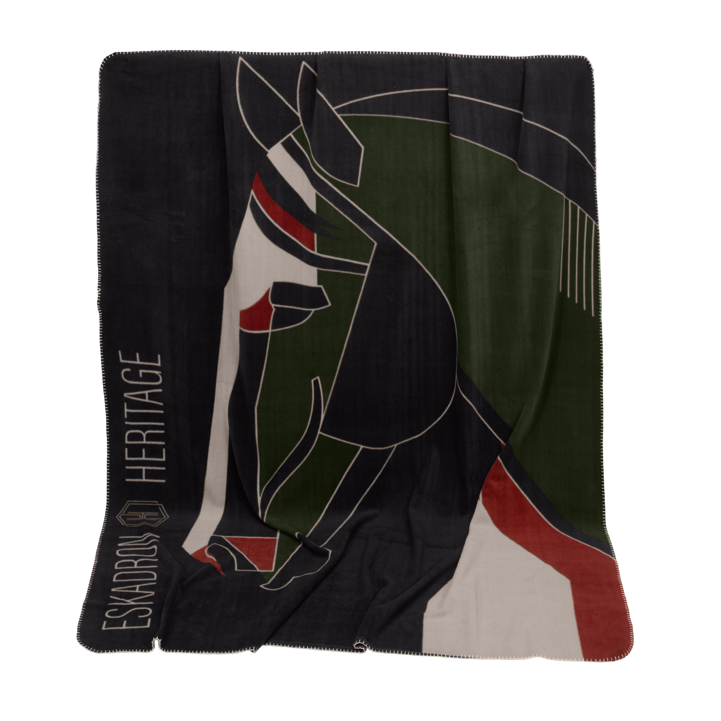 Wolldecke, Grafisches Muster, Schwarz-Grün, Roter Akzent, Fransenrand