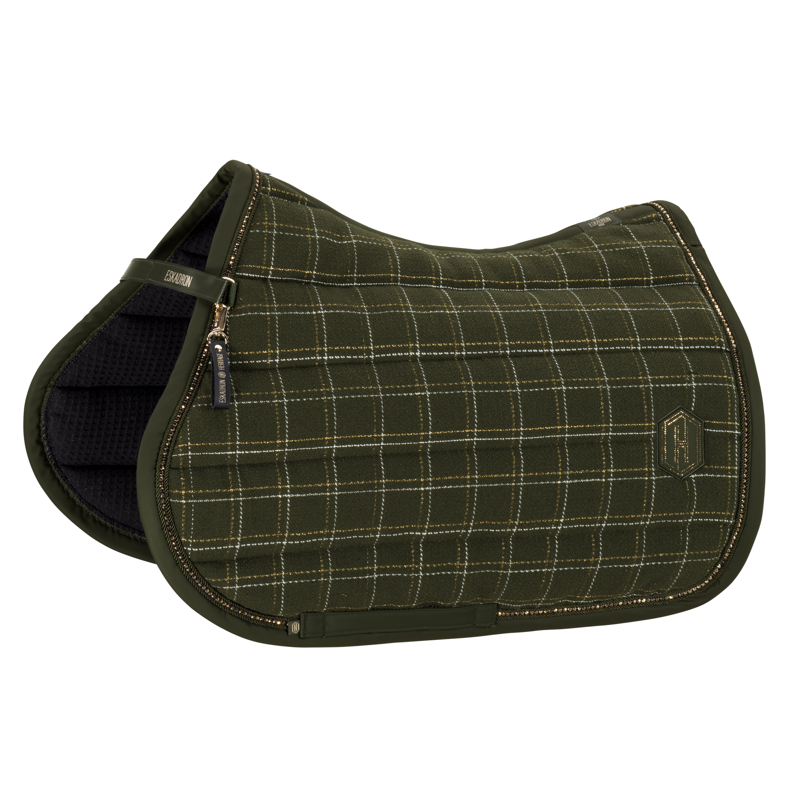 Schabracke, Dunkelgrün, Karomuster, Goldene Akzente, Gepolstert, Schabracke, Olivgrün, Karomuster, Textil, Gepolstert