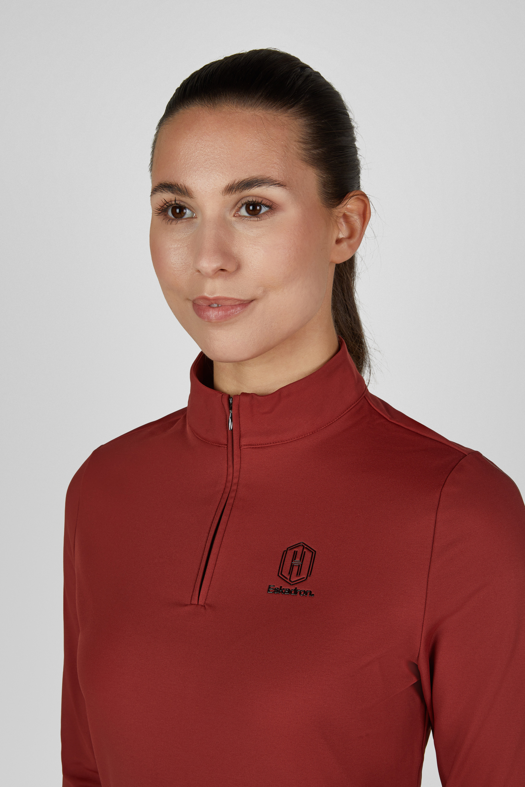 Damen-Oberteil, Langarmshirt, Stehkragen, Reißverschluss, Bordeauxrot, Damenoberteil, Funktionsshirt, Dunkelrot, Stehkragen, Kurzreißverschluss
