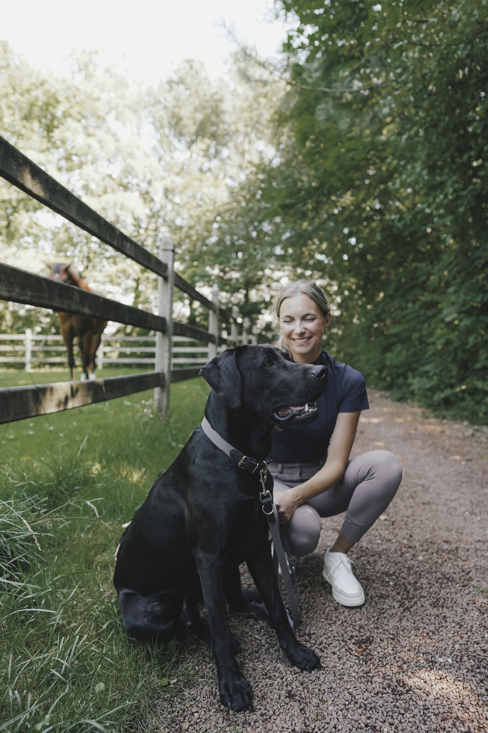 schwarzer Hund, Hund mit Leine, Gassi gehen, Mensch mit Hund, Hofweg,  schwarzer Hund, Hund mit Halsband, Spaziergang, Gartenweg, Mensch mit Hund