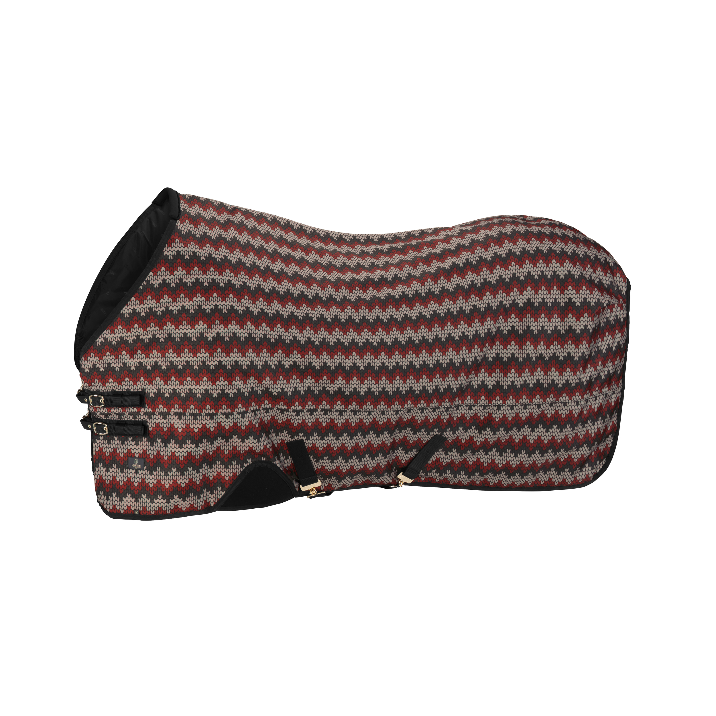 Pferdedecke, Strickmuster, Rot-grau-schwarz, Bauchgurte, Halsteil, Pferdedecke, Strickmuster, Rot-grau, Schwarz gefüttert, Bauchgurte