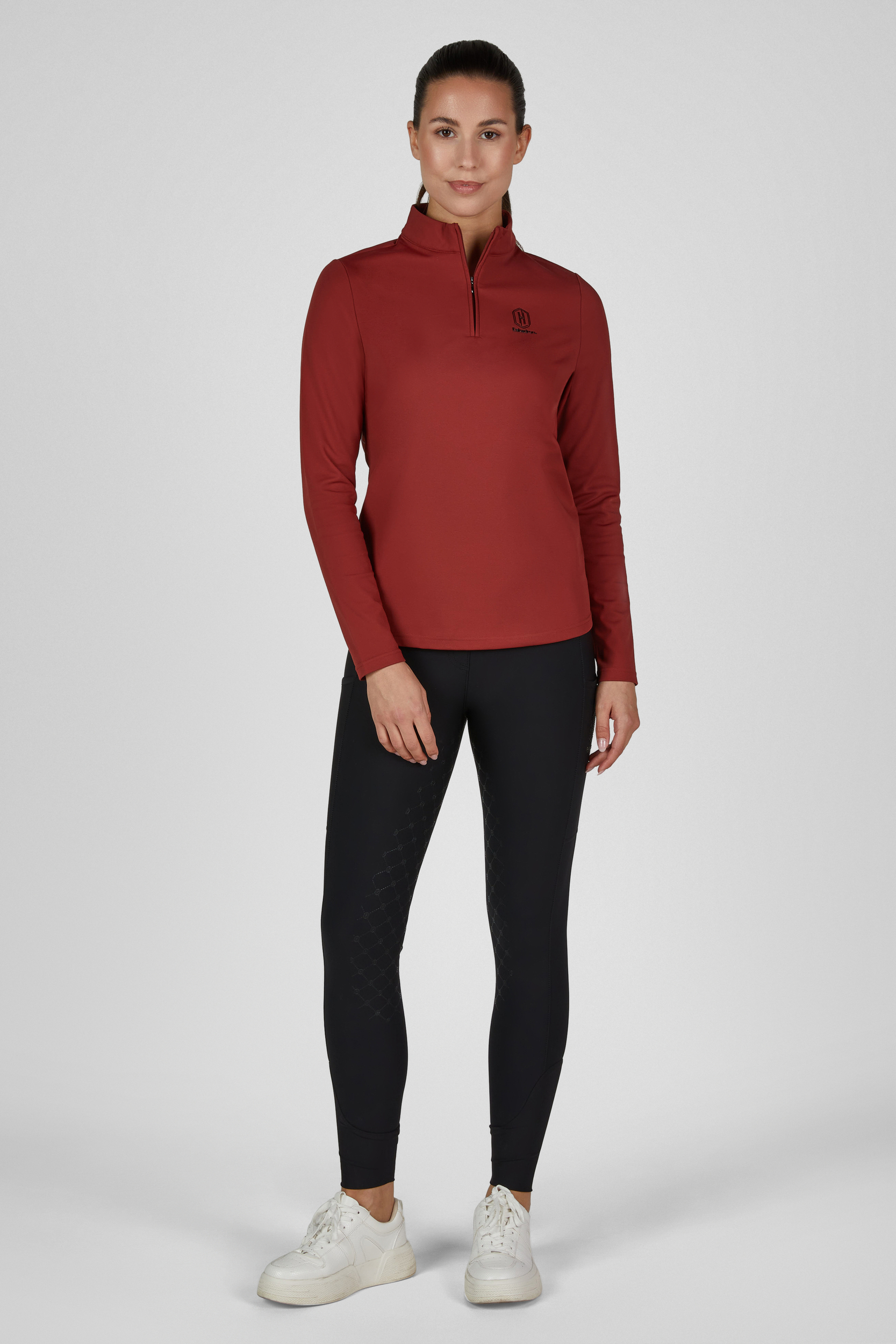 Damen-Langarmshirt, Bordeauxrot, Stehkragen, Halber Reißverschluss, Schwarze Leggings, Damen-Sportshirt, Langarmshirt, Bordeauxrot, Stehkragen, Kurzreißverschluss