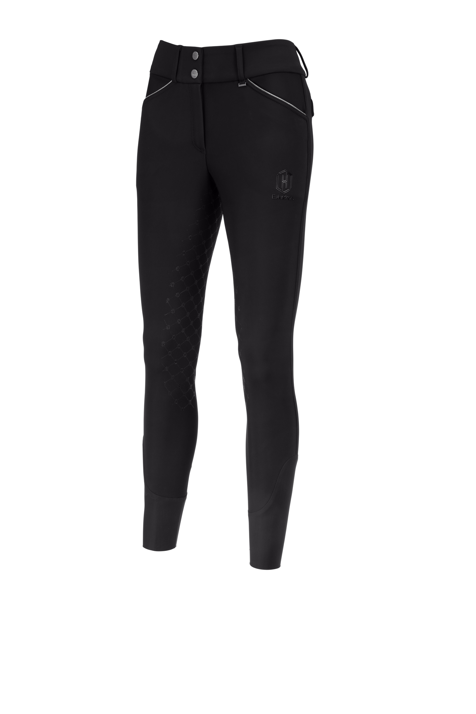 Reithose, Schwarz, Hochbund, Vollbesatz, Knopfverschluss, Reithose, Schwarz, Hoher Bund, Silikonbesatz, Zwei Knöpfe