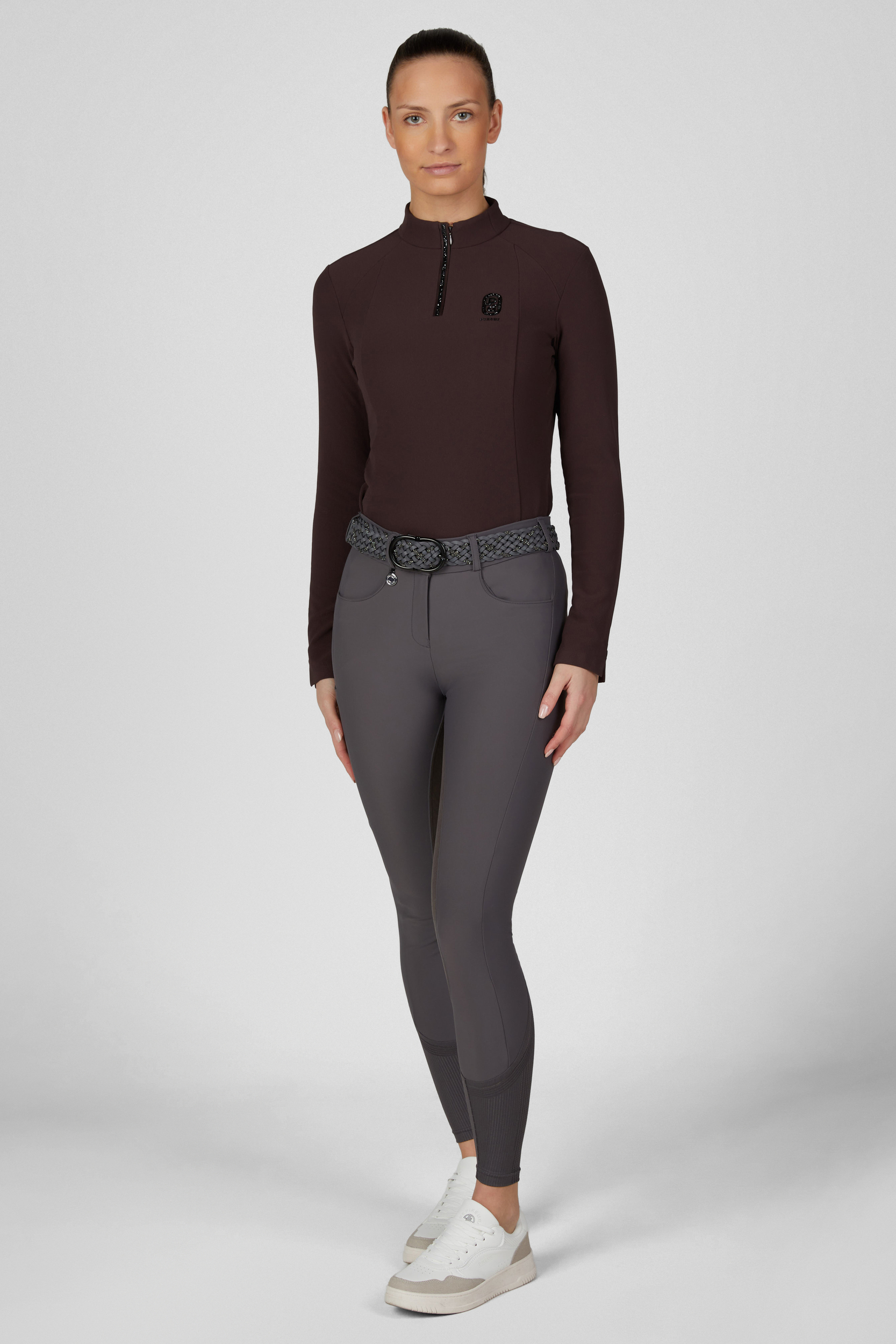 equestrian top, long sleeve, quarter zip, dark brown, leggings grey, Langarmshirt, Halblogzip, Burgundrot, Reitstil, Graue Leggings