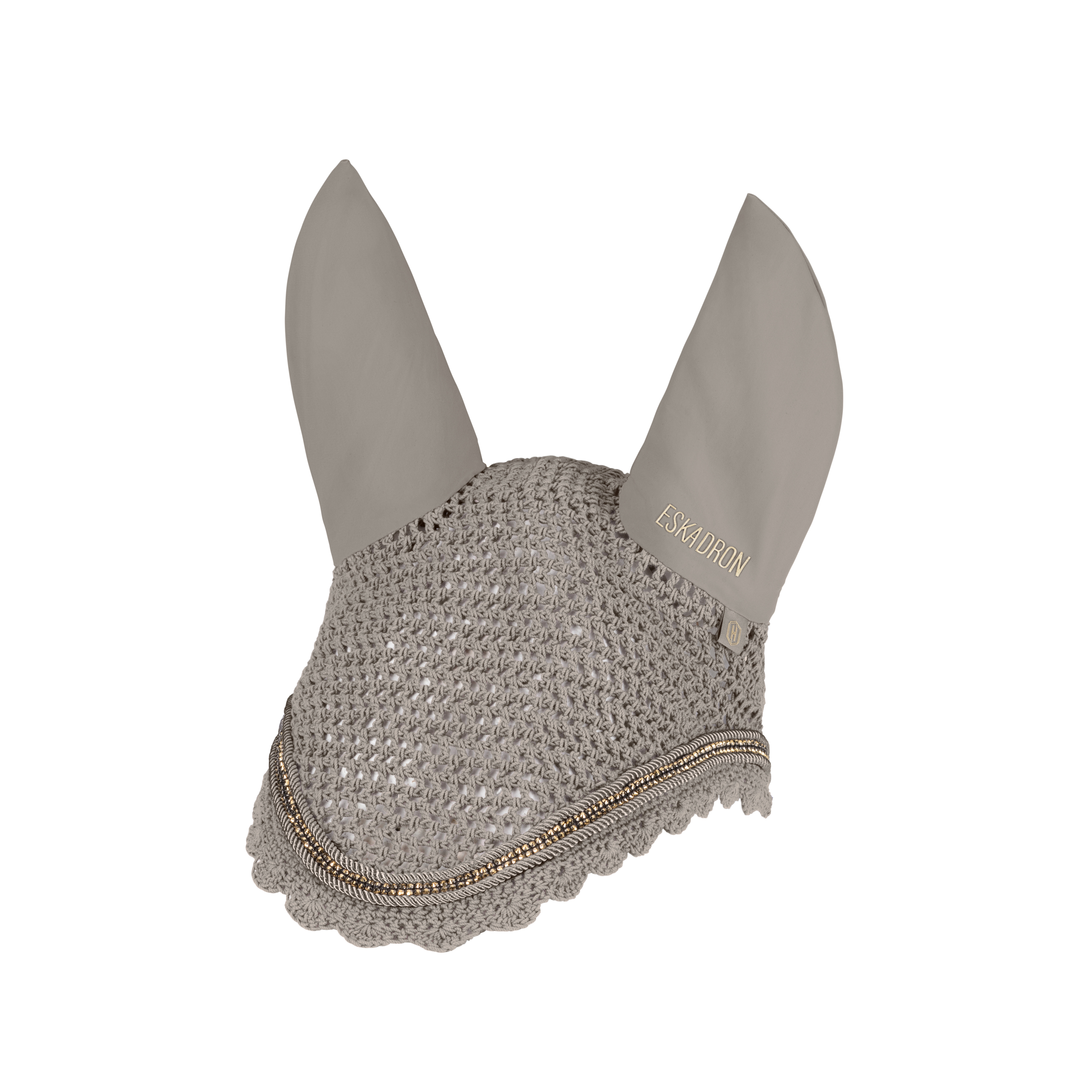Fliegenhaube, Pferdezubehör, Häkelstoff, Taupe, Goldene Kordel