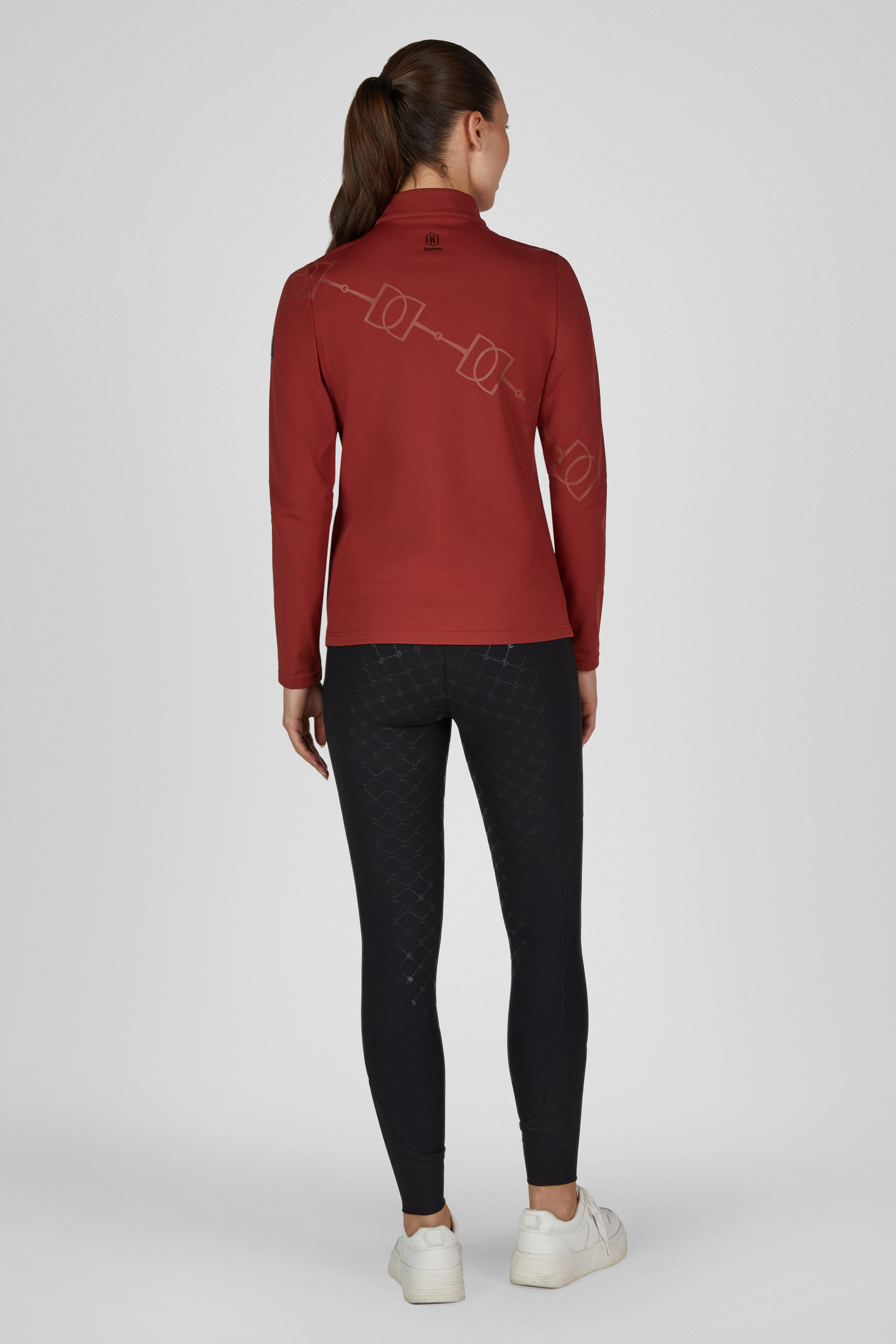 Damen-Trainingsjacke, Rot, Stehkragen, Lange Ärmel, Schwarze Leggings, Sportoberteil, Rotes Langarmshirt, Stehkragen, Schwarze Leggings, Gemustertes Design