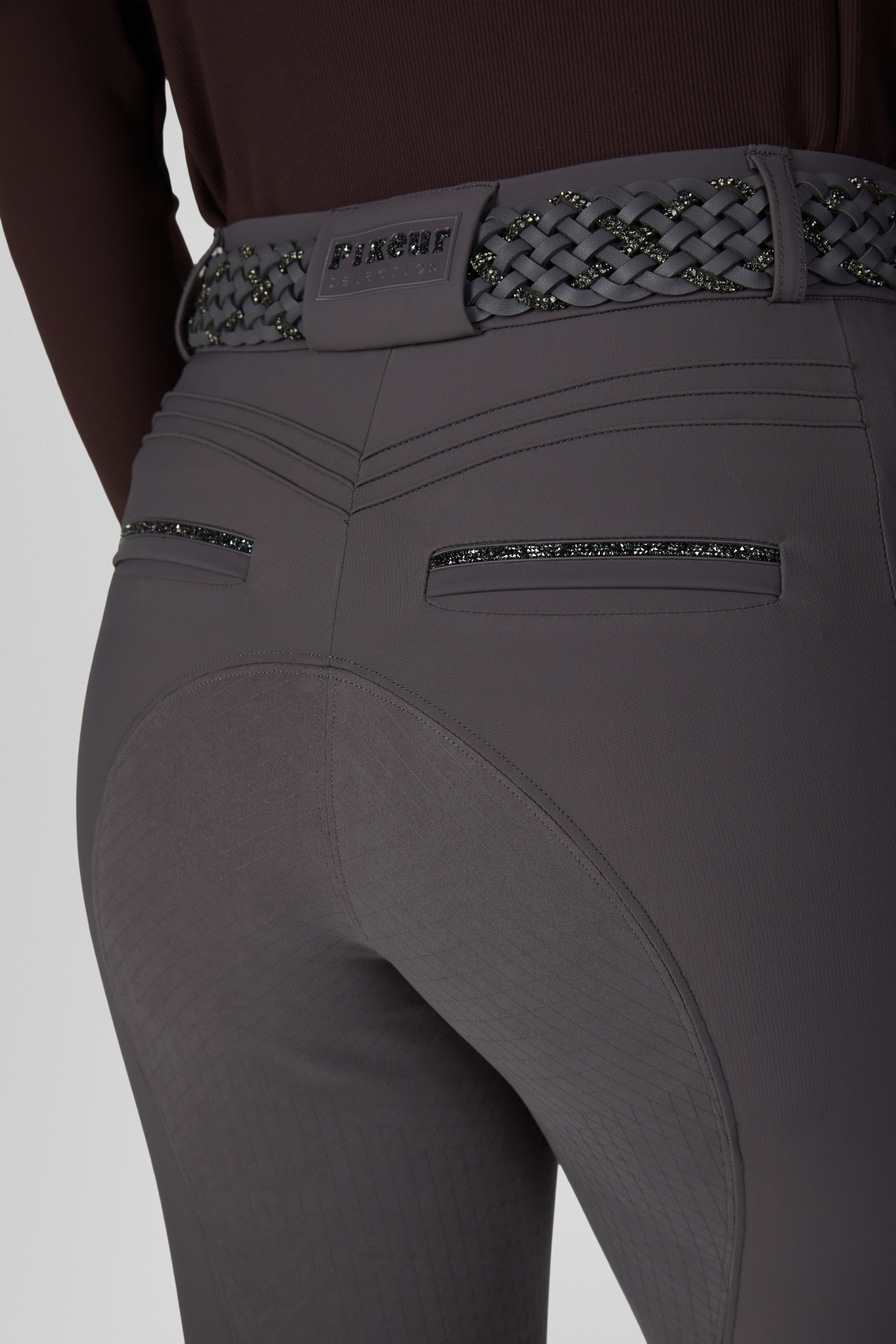 tailored pants, gray trousers, sleek belt, glitter trim, back pockets, equestrian pants, riding breeches, gray pants, glitter belt, stretch fabric