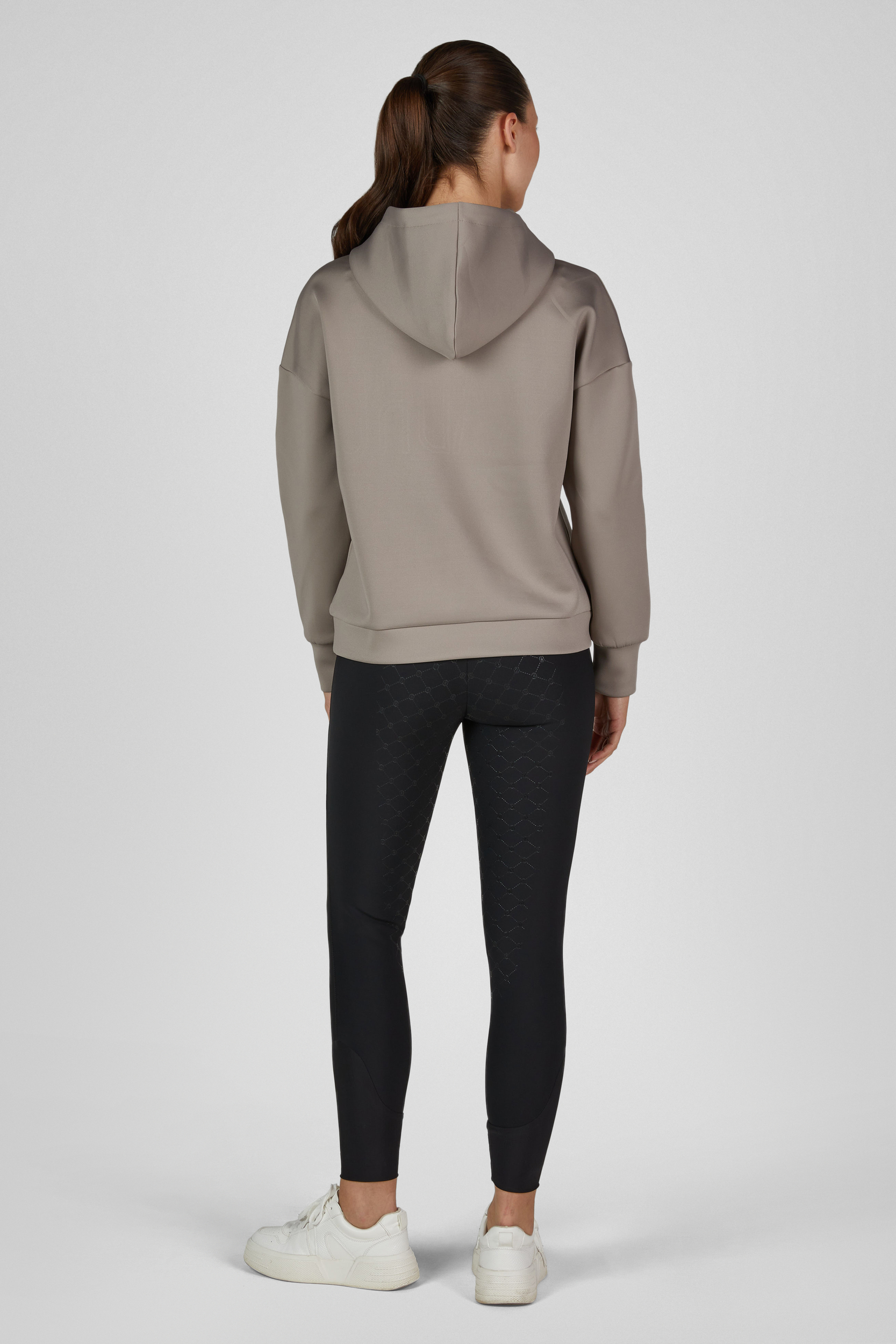 Kapuzenpullover, Taupe, Schwarze Leggings, Sportleggings, Strukturmuster, Kapuzenpullover, Leggings, Taupe, Schwarz, Strukturmuster