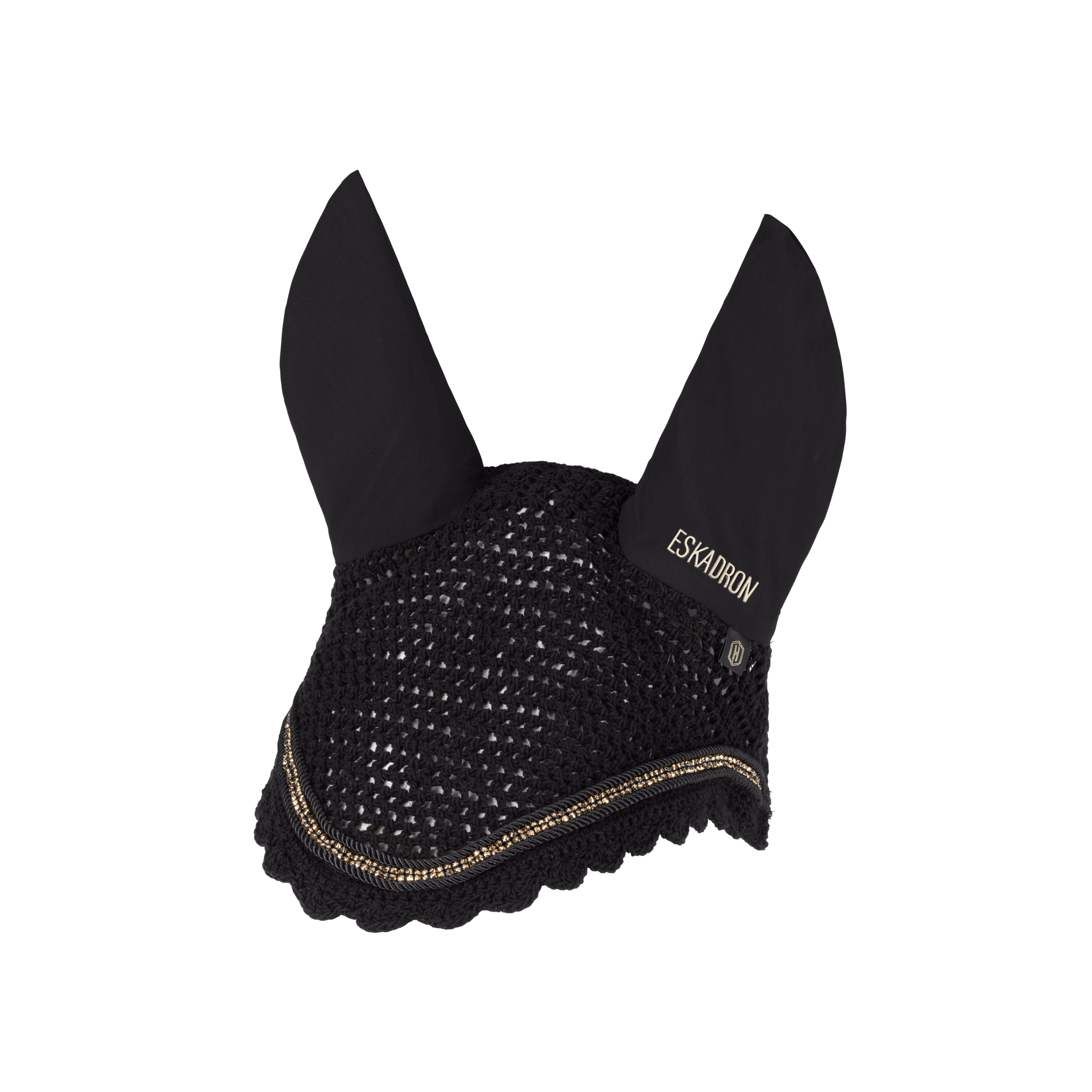 Fliegenhaube, Pferdeausrüstung, schwarz, gehäkelt, goldene Ziernaht