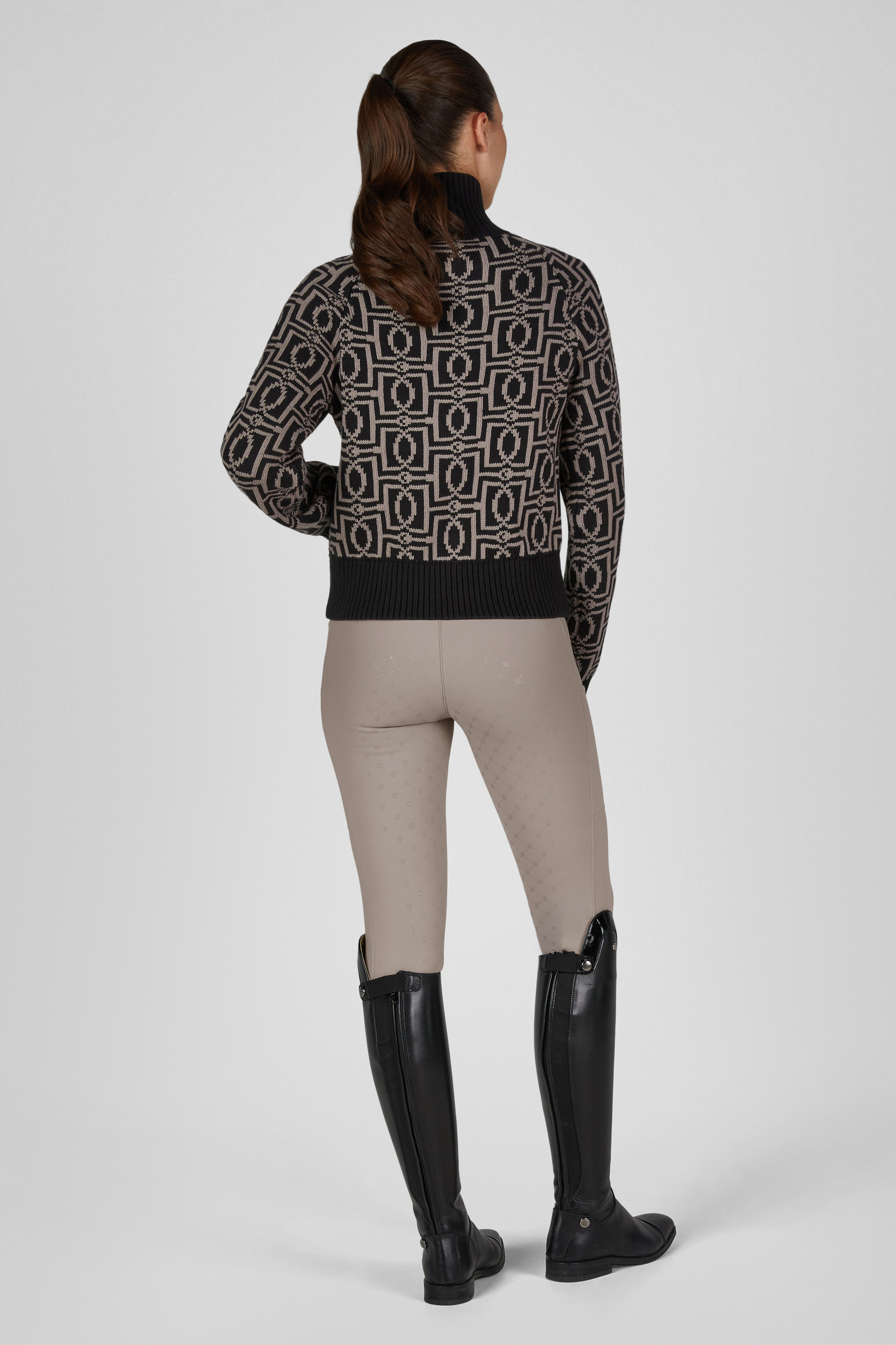 Strickpullover, Rollkragen, Jacquardmuster, Schwarz-beige, Langarm, Rollkragenpullover, Strickpullover, geometrisches Muster, schwarz-beige, Langarm