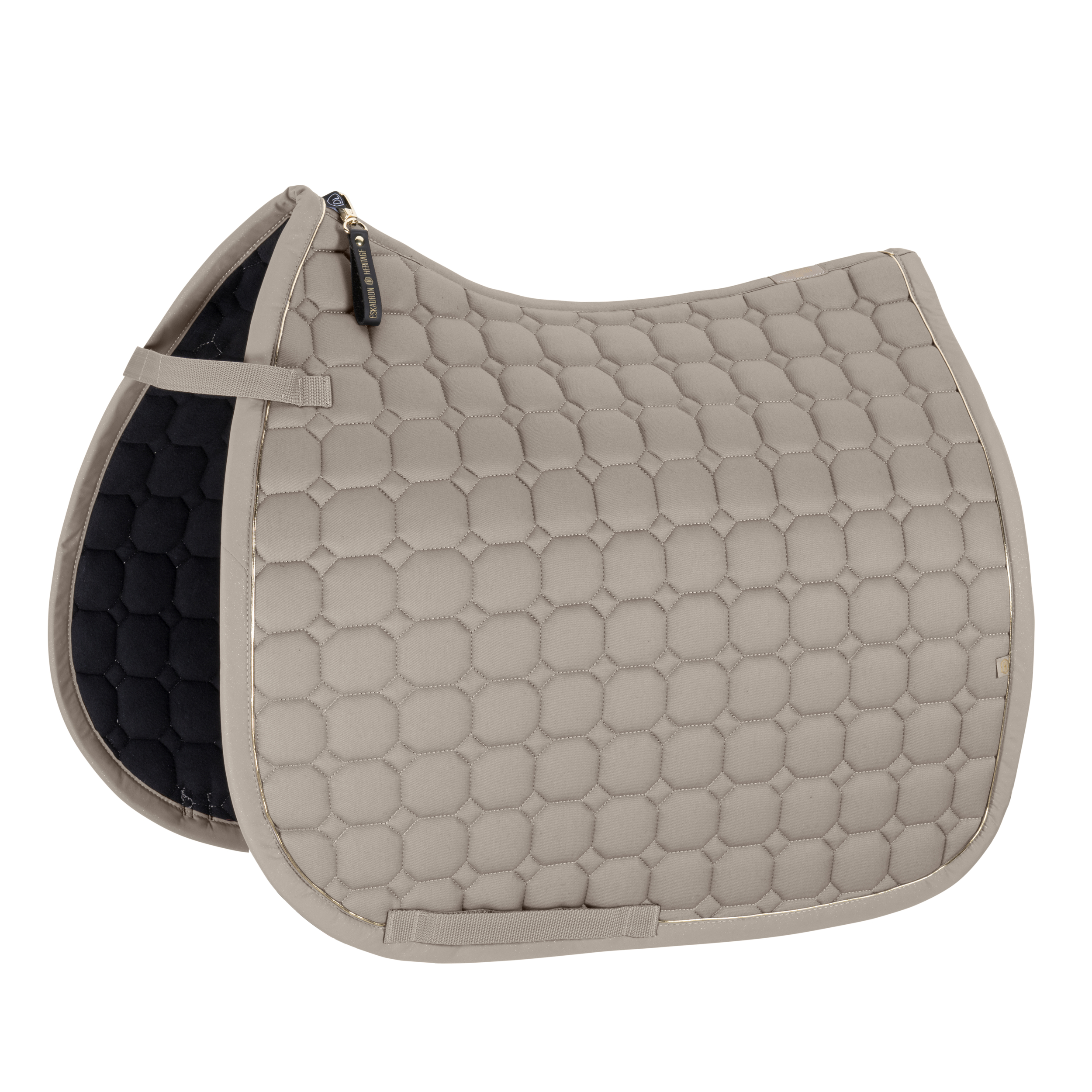 Schabracke, Taupe, Wabensteppung, Schwarze Unterseite, Dressurschnitt, Dressurschabracke, Steppdesign, Wabenmuster, Taupe, Schwarze Unterseite