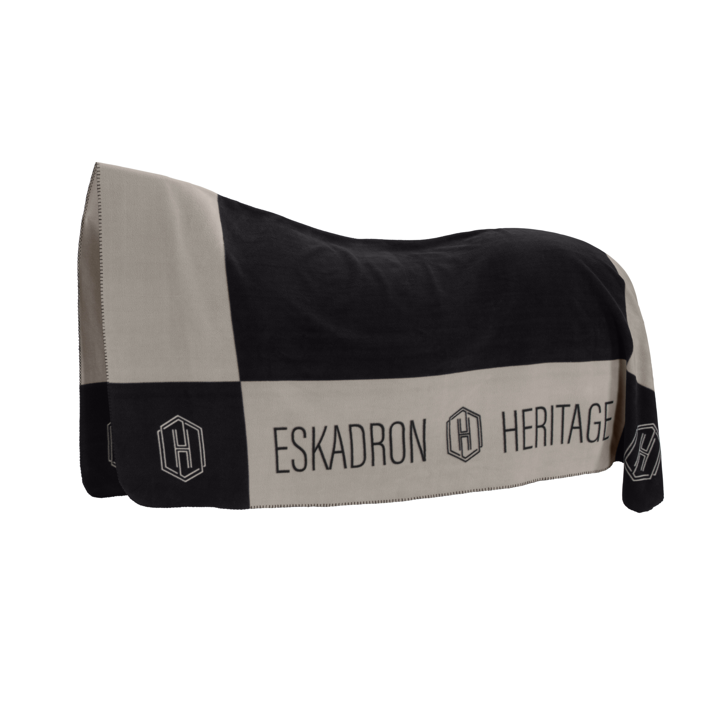 Pferdedecke, Textildecke, Schwarz-beige, Blockmuster, Logo-Aufdruck, Pferdedecke, Schwarz-beige, Karomuster, Textil, Logodruck