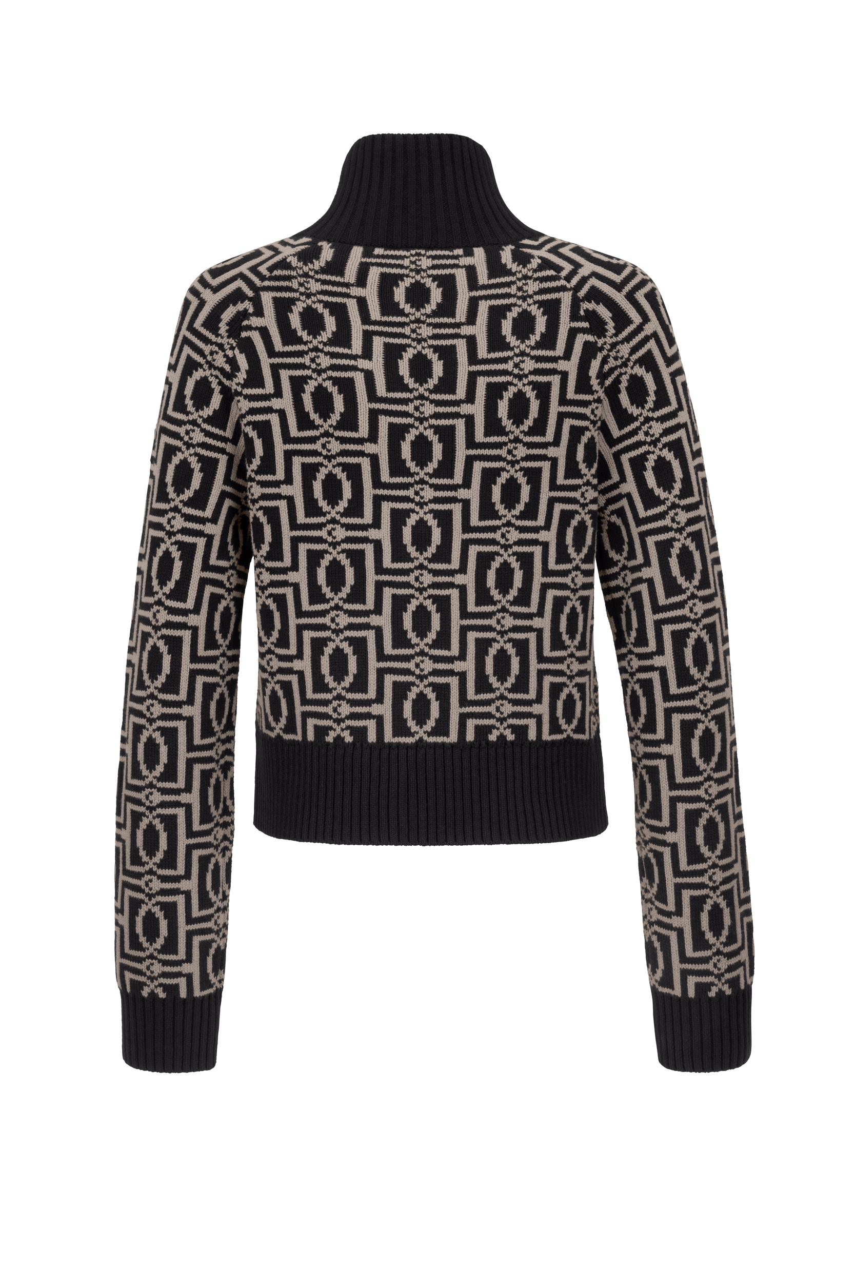 Rollkragenpullover, Strickpullover, Langarm, Schwarz-Beige, Grafisches Muster, Rollkragenpullover, Strickpullover, Langarm, Schwarz-beige, Geometrisches Muster