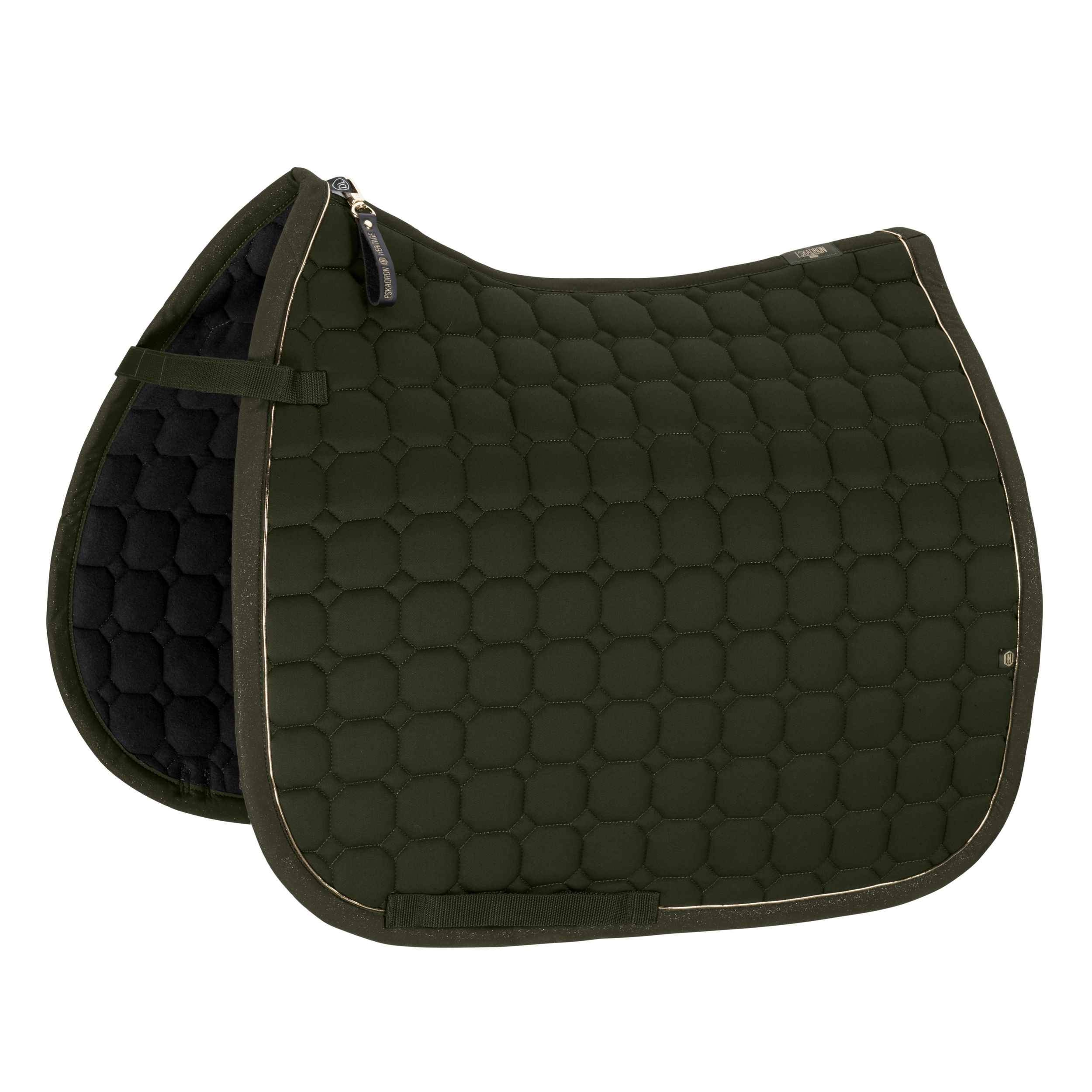 Schabracke, Olivgrün, Wabensteppung, Goldfarbene Paspel, Pferdesport, Schabracke, Olivgrün, Wabensteppung, Dressurschnitt, Goldfarbene Paspel