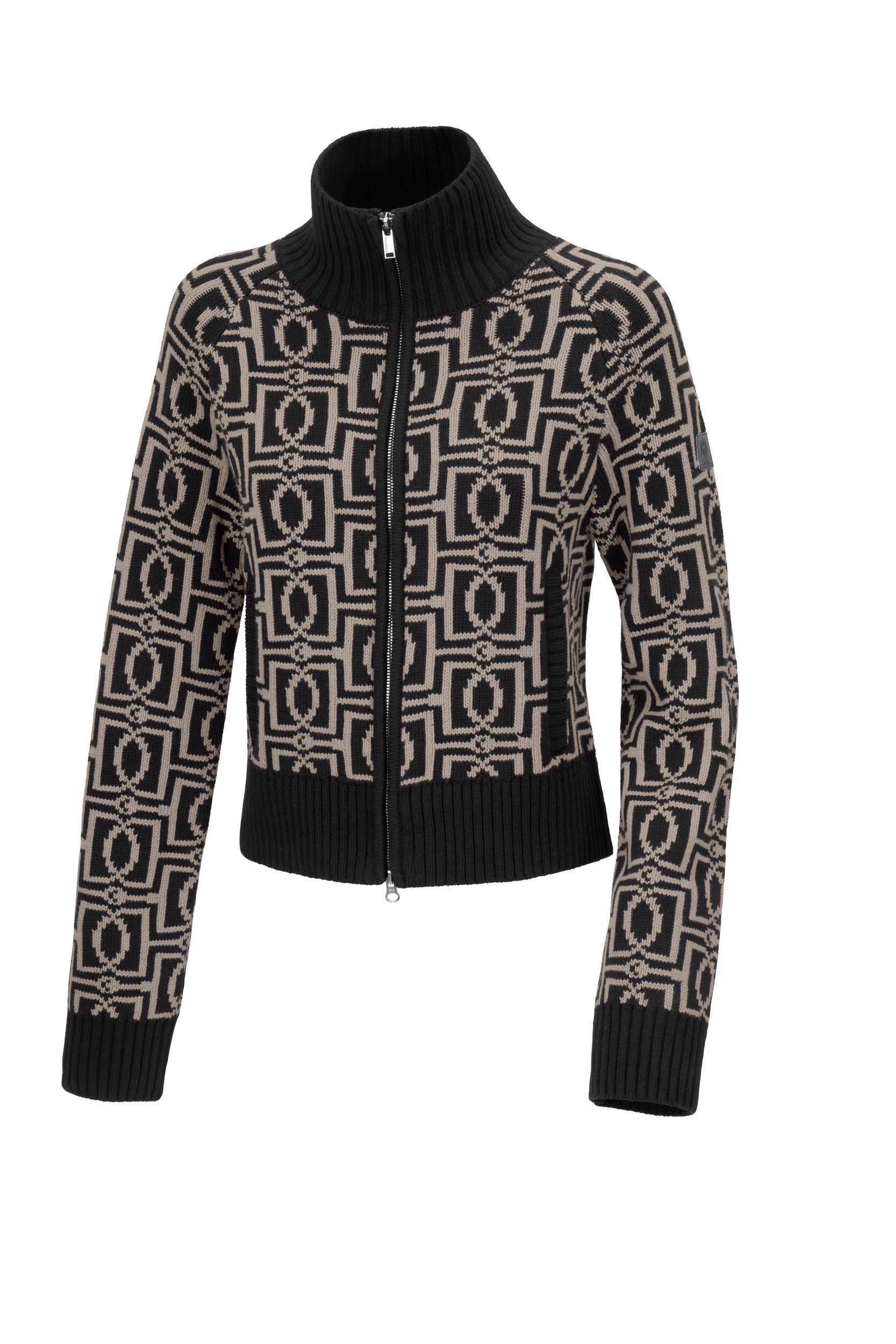 Strickjacke, Reißverschluss, Stehkragen, geometrisches Muster, schwarz-beige, Strickjacke, Reißverschluss, Stehkragen, Jacquardmuster, Schwarz-Beige