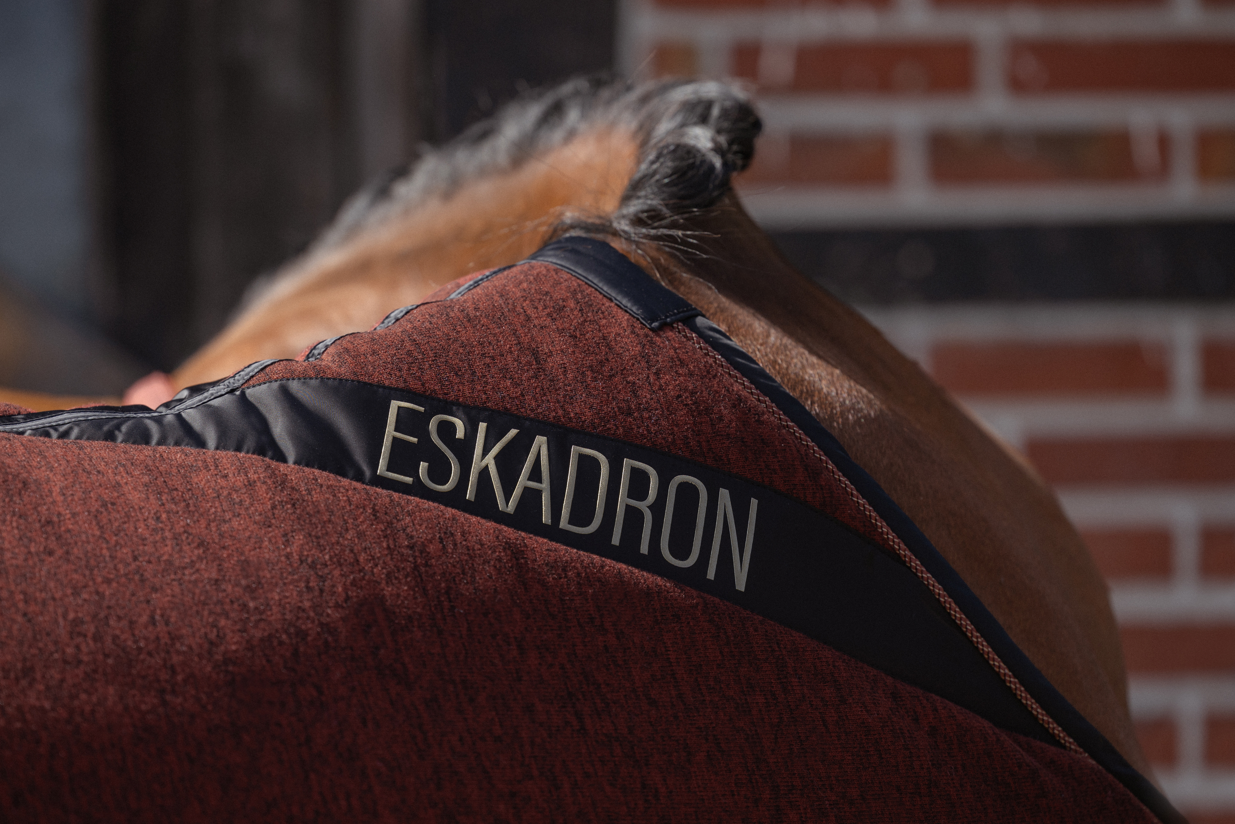 Pferdedecke, Rotbraun, Textilgewebe, Dunkle Einfassung, Eskadron-Logo