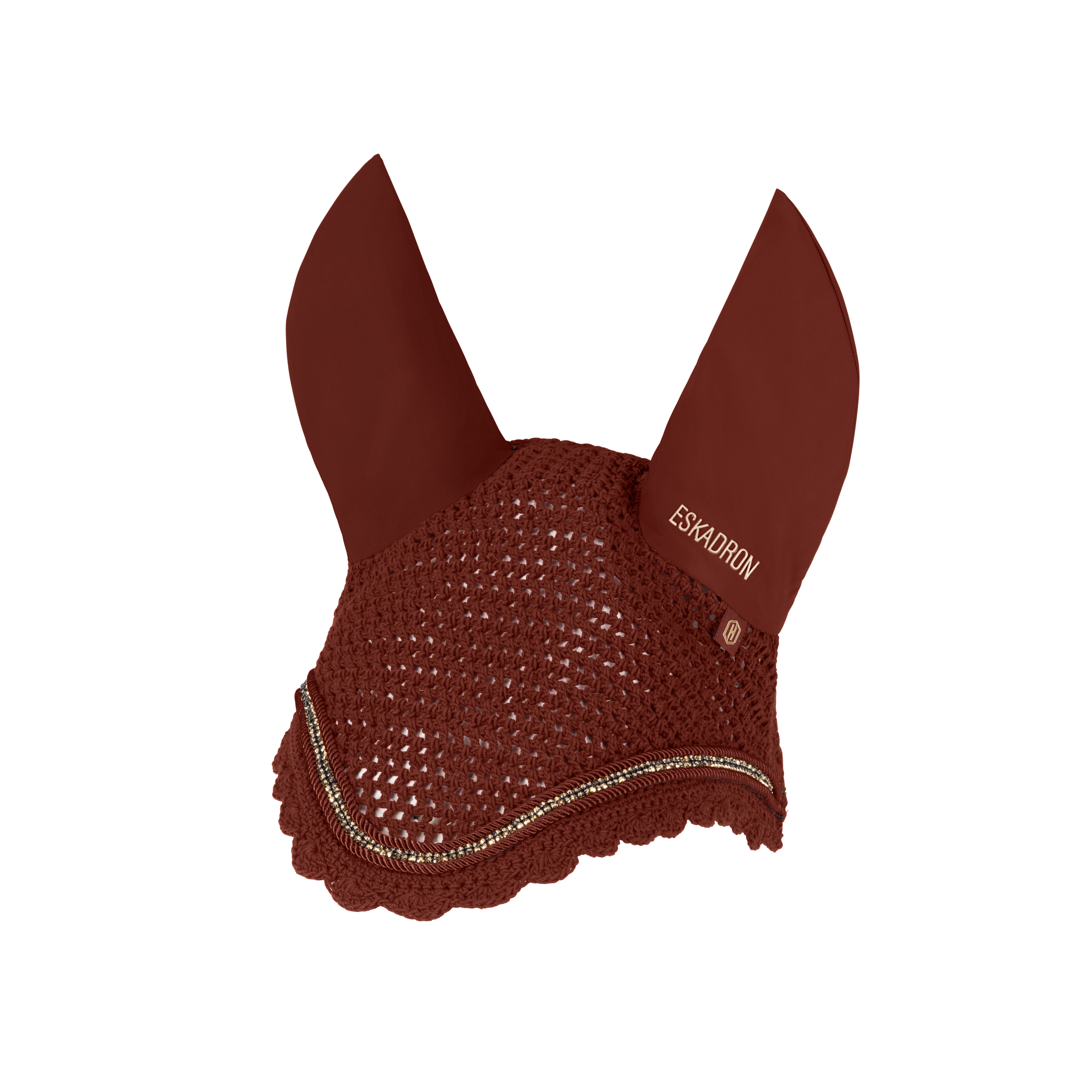 Fliegenhaube, Pferdezubehör, gehäkelt, Dunkelrot, Glitzerborte