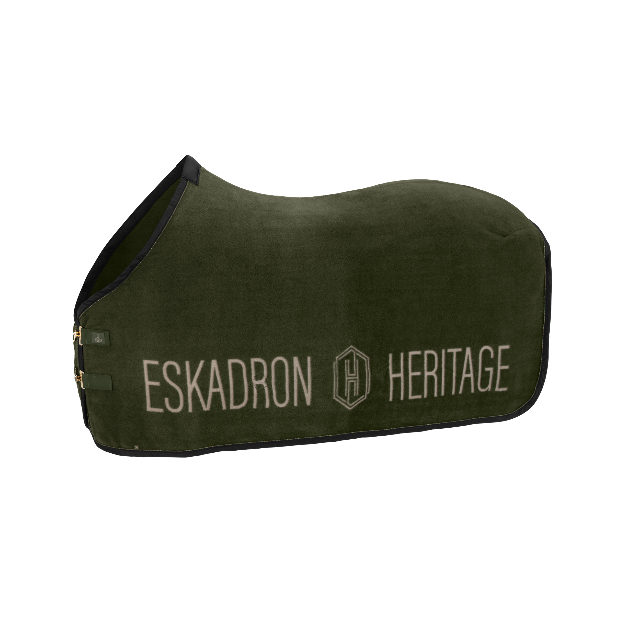 Pferdedecke, Dunkelgrün, Fleece, Logoaufdruck, Schwarze Einfassung, Pferdedecke, Olivgrün, Fleece, Reißverschluss, Schriftzug