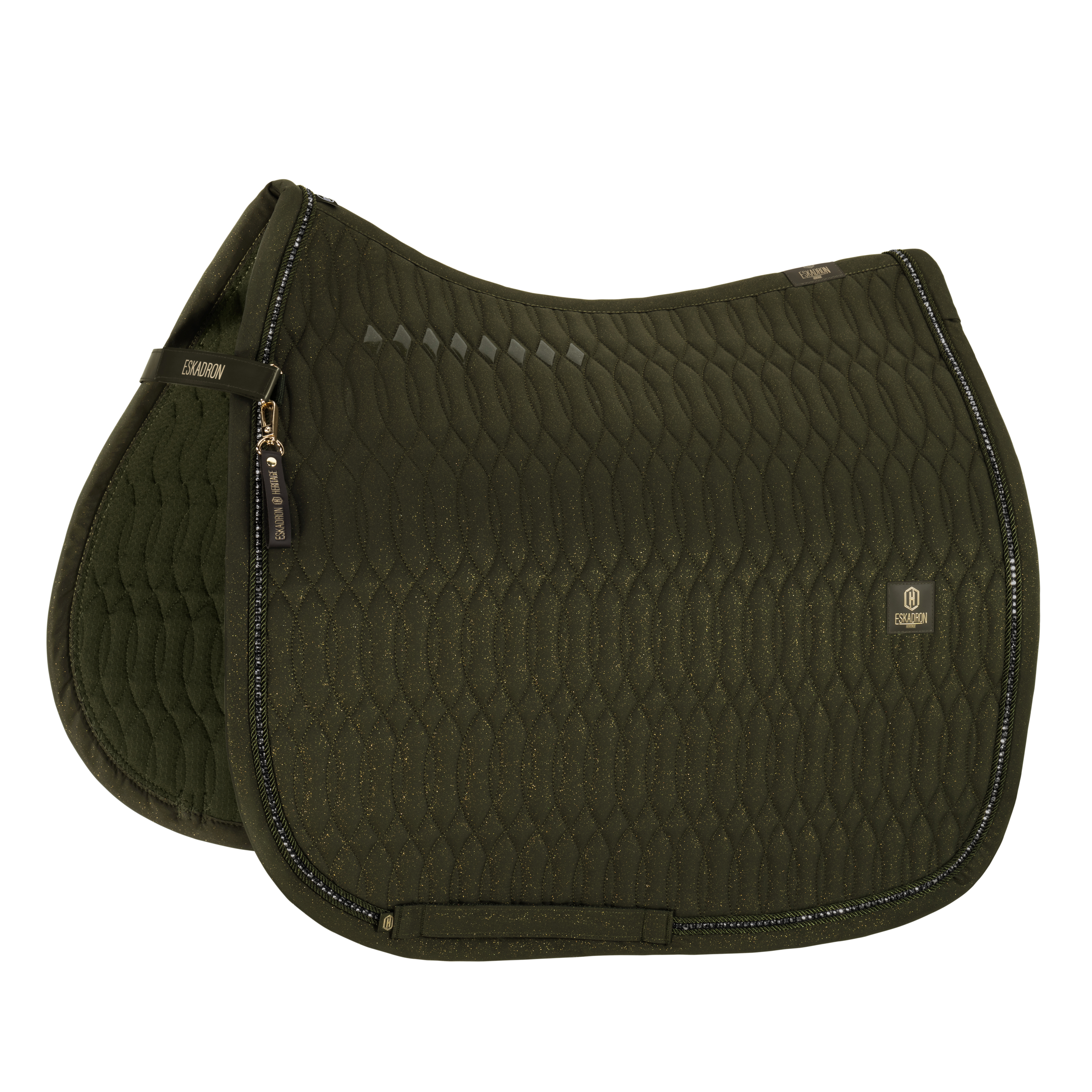 Schabracke, olivgrün, Steppmuster, glitzernder Stoff, Dressurform, Schabracke, Olivgrün, Rautensteppung, Glitzerfaden, Dressurschnitt