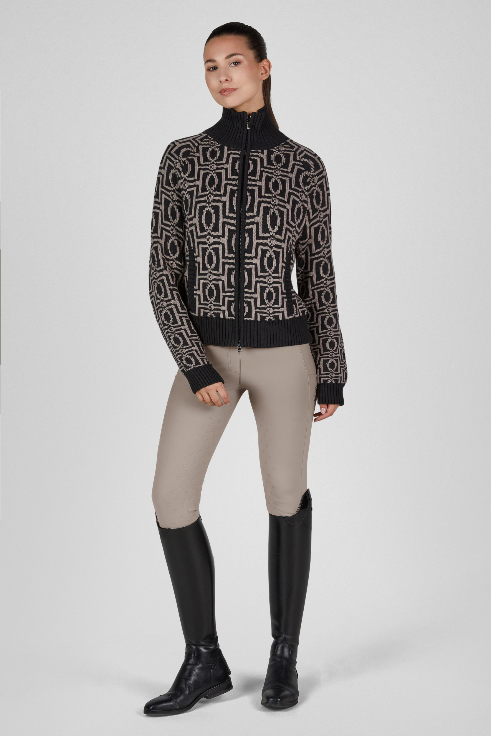 Strickjacke, Reißverschluss, Stehkragen, geometrisches Muster, schwarz-beige, Strickjacke, Reißverschluss, Stehkragen, geometrisches Muster, schwarz-beige