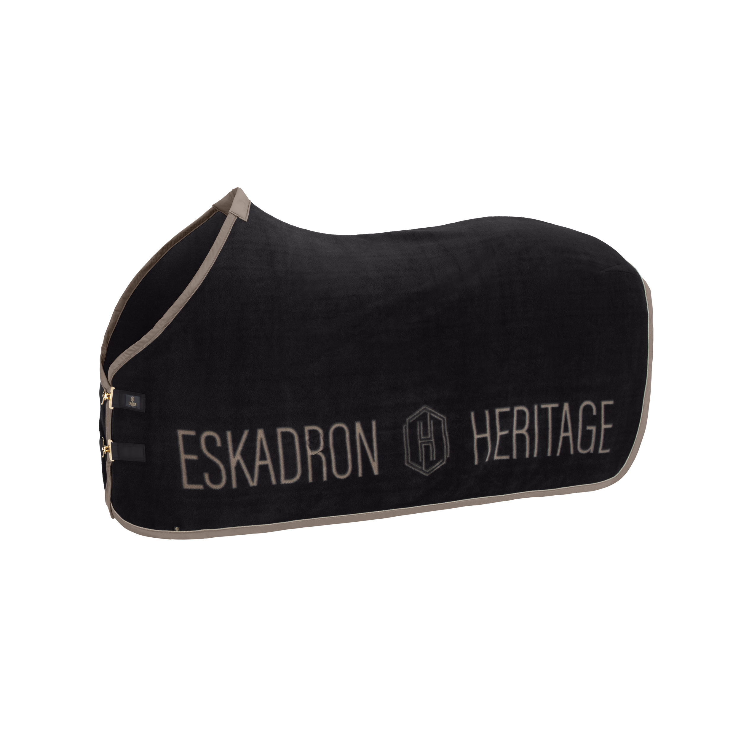 Pferdedecke, Schwarz, Fleece, Beige Einfassung, Brustverschluss, Pferdedecke, Schwarz, Fleece, Halsabdeckung, Kontrastpaspel