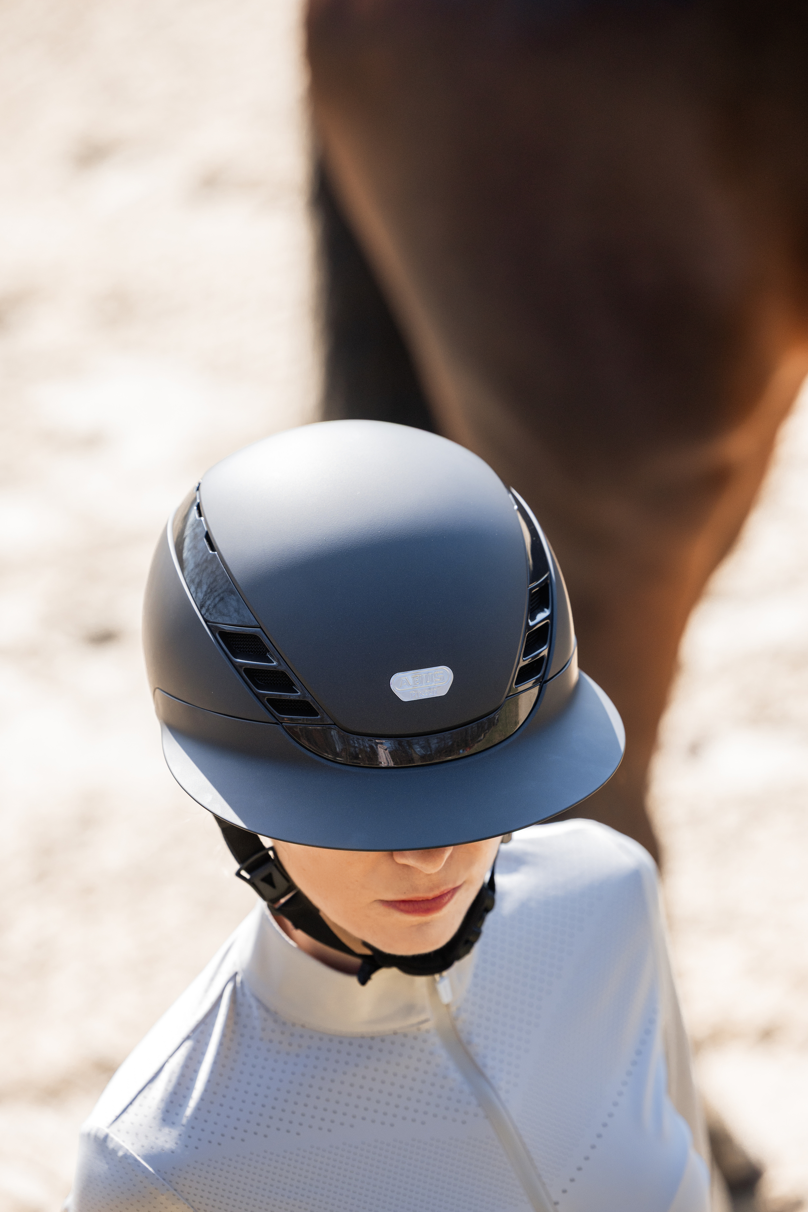 helmet, equestrian helmet, riding gear, gray helmet, adjustable strap
