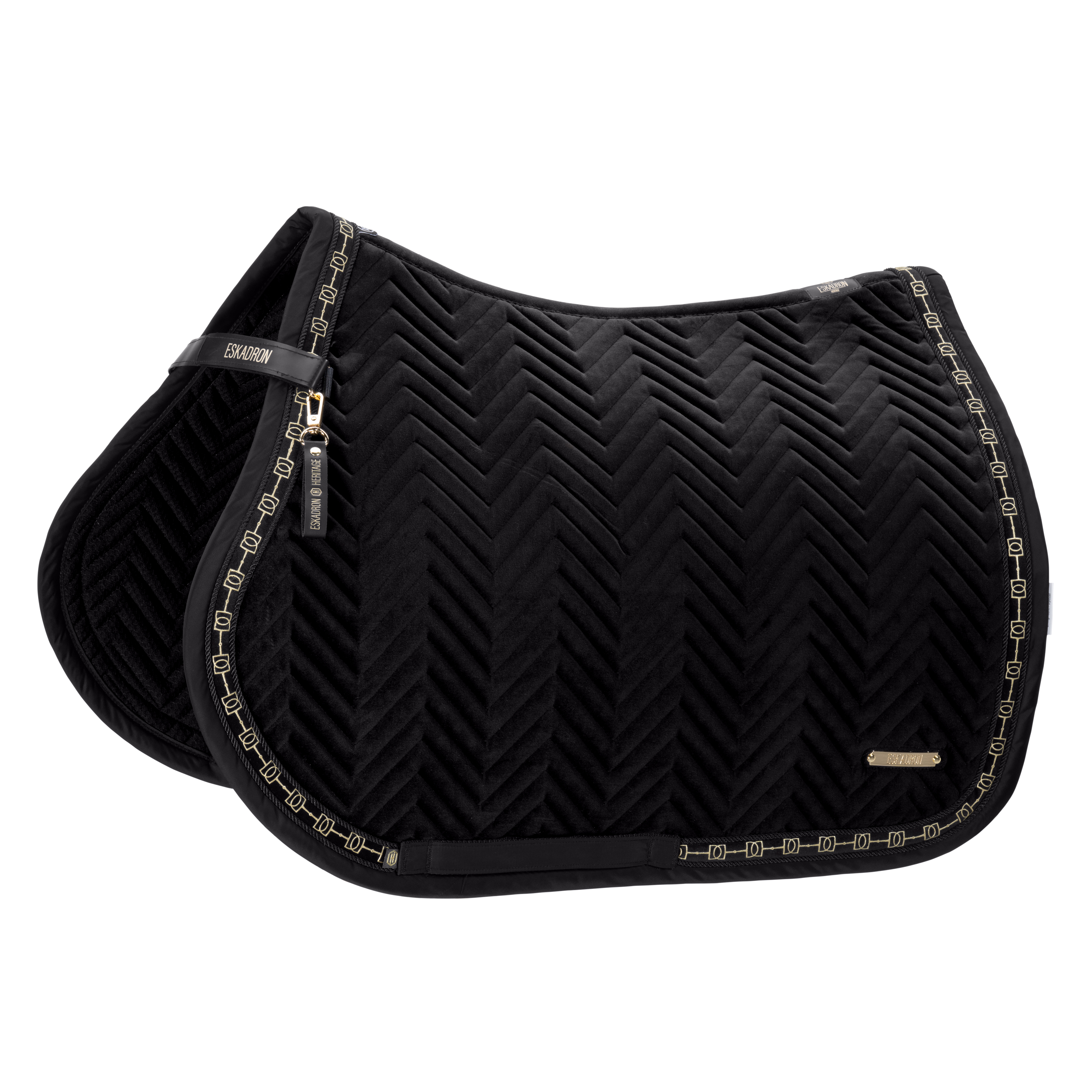 Schabracke, Schwarz, Steppung, Chevron-Muster, Goldene Einfassung, Schabracke, Schwarz, Steppung in Chevron-Optik, Goldfarbene Zierborte, Samtstoff