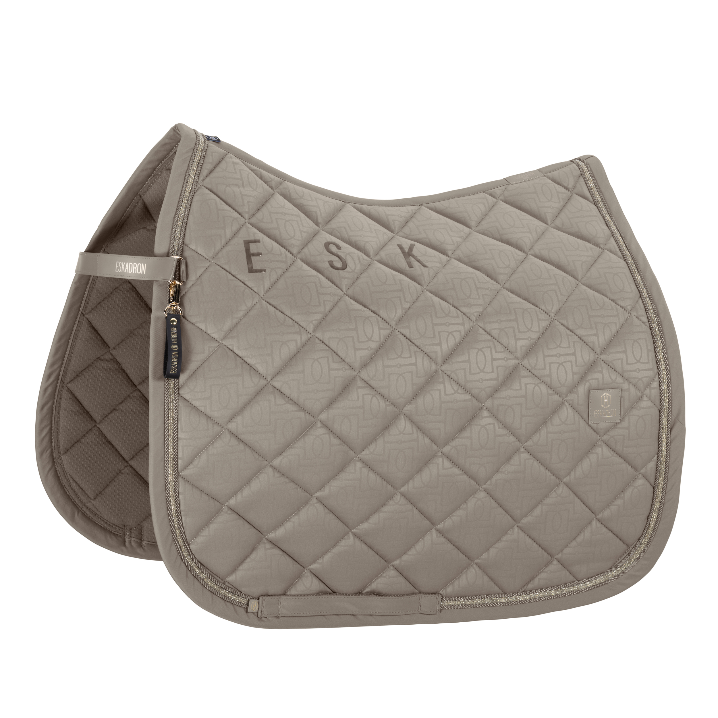 Dressurschabracke, Taupe, Rautensteppung, Logomuster, Glitzerpaspel, Dressurschabracke, Steppmuster, Taupe, Logo-Muster, Zierkordel